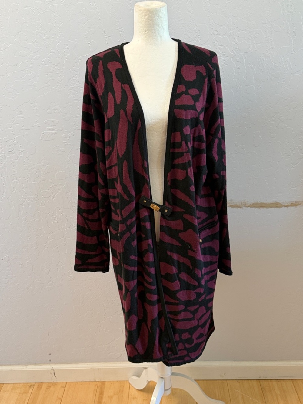 Calvin Klein Black and Plum Animal-Print Open Cardigan